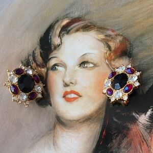 MONET Vintage Gold Plated Black Clear & Iridescent Red Comfort Clip Earrings